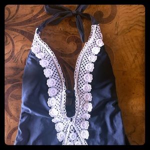 Flattering one piece black swimsuit w/ lace detail